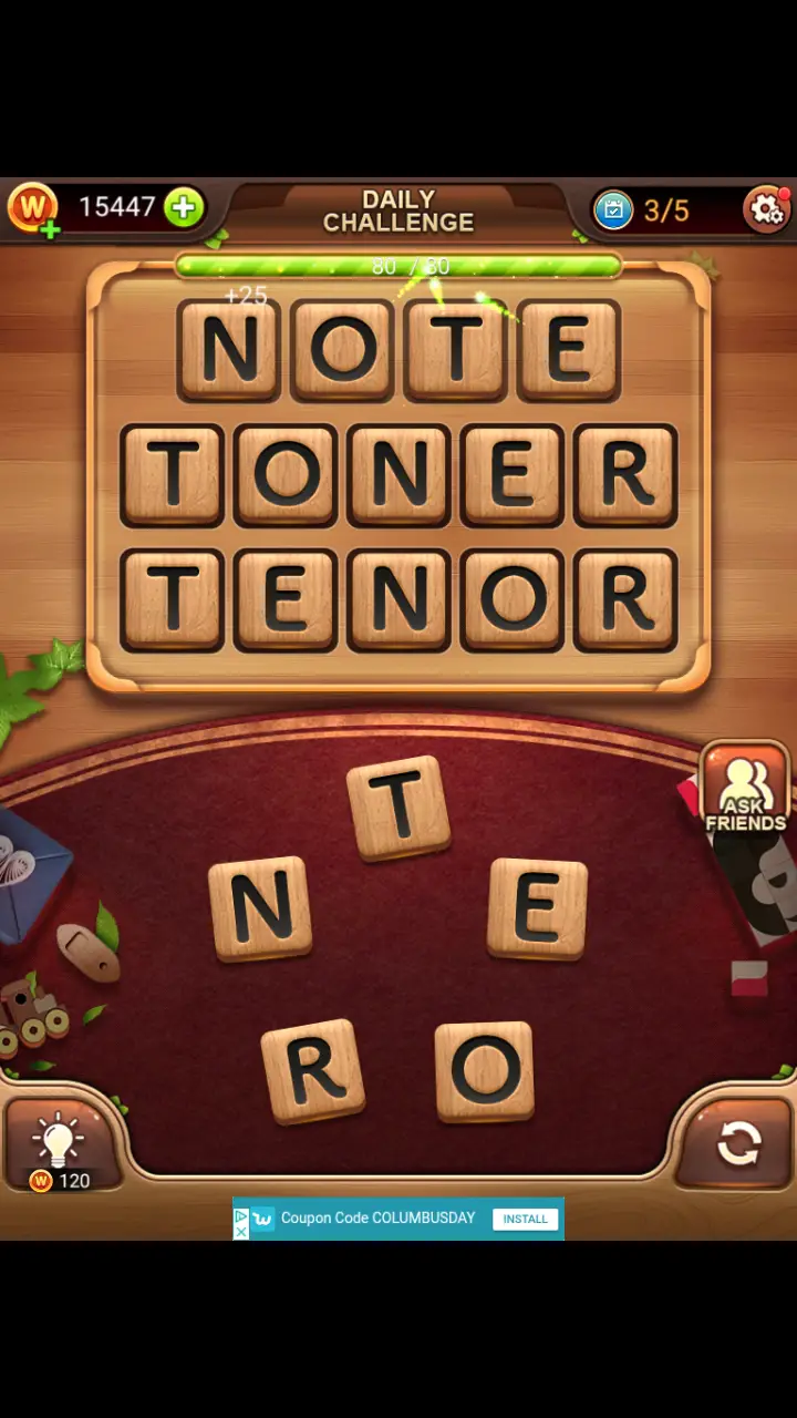 Word Connect Daily Challenge November 17 2017 NOTE TONER TENOR