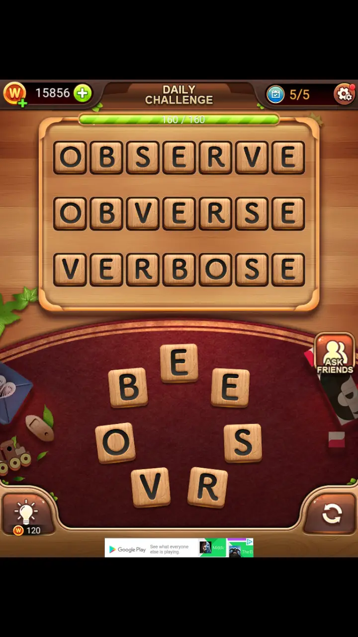 Word Connect Daily Challenge November 18 2017 OBSERVE OBVERSE VERBOSE