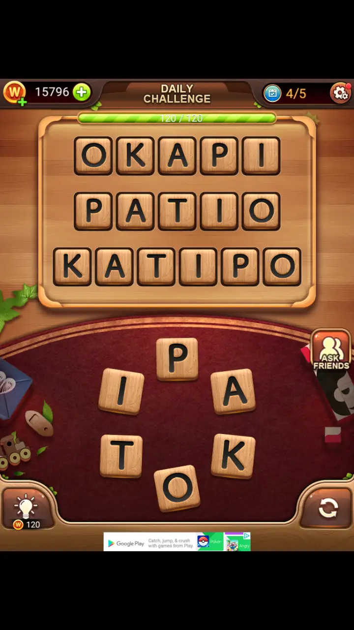 Word Connect Daily Challenge November 18 2017 OKAPI PATIO KATIPO