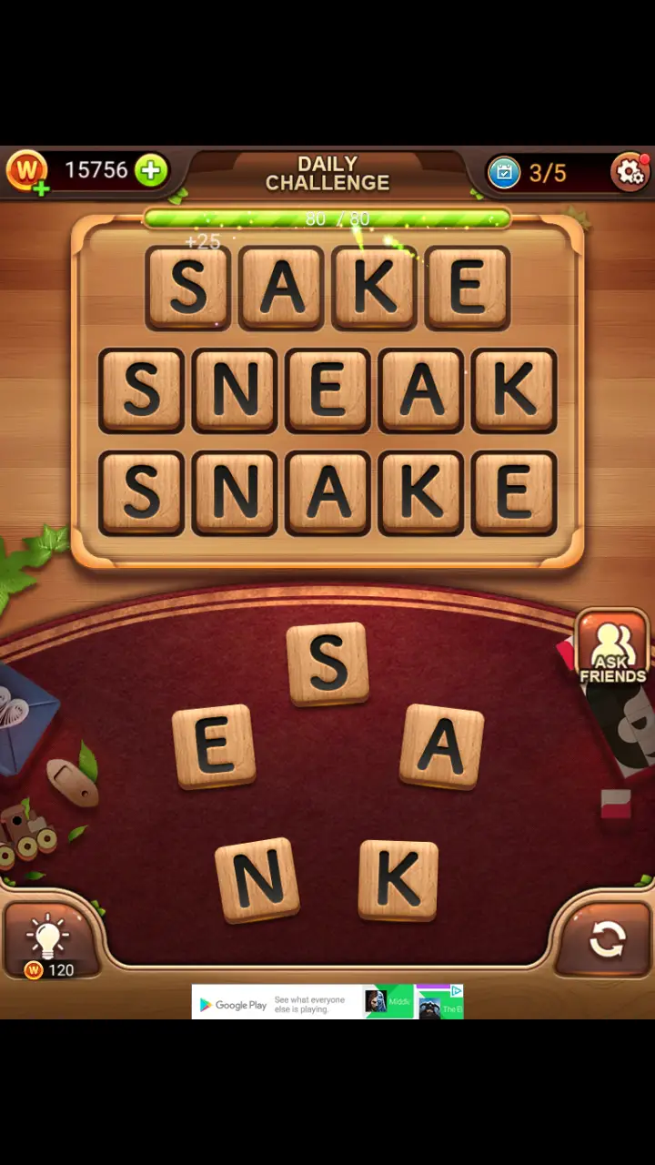 Word Connect Daily Challenge November 18 2017 SAKE SNEAK SNAKE