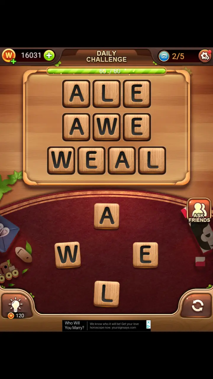 Word Connect Daily Challenge November 19 2017 ALE AWE WEAL