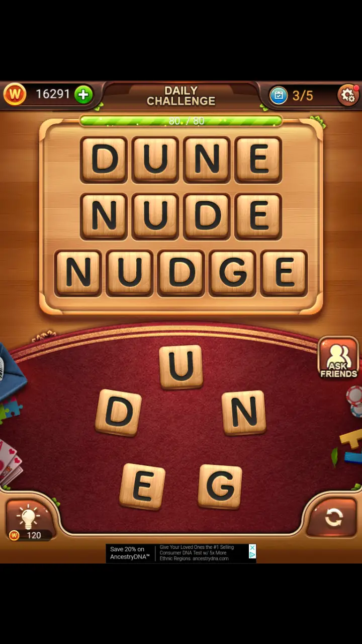 Word Connect Daily Challenge November 20 2017 DUNE NUDE NUDGE