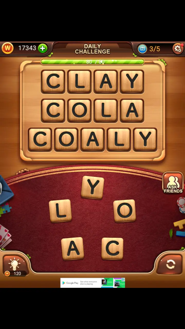 Word Connect Daily Challenge November 23 2017 CLAY COLA COALY