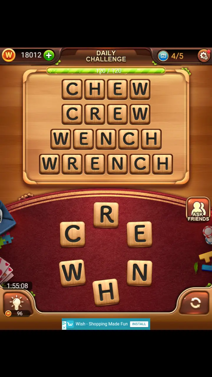 Word Connect Daily Challenge November 25 2017 CHEW CREW WENCH WRENCH