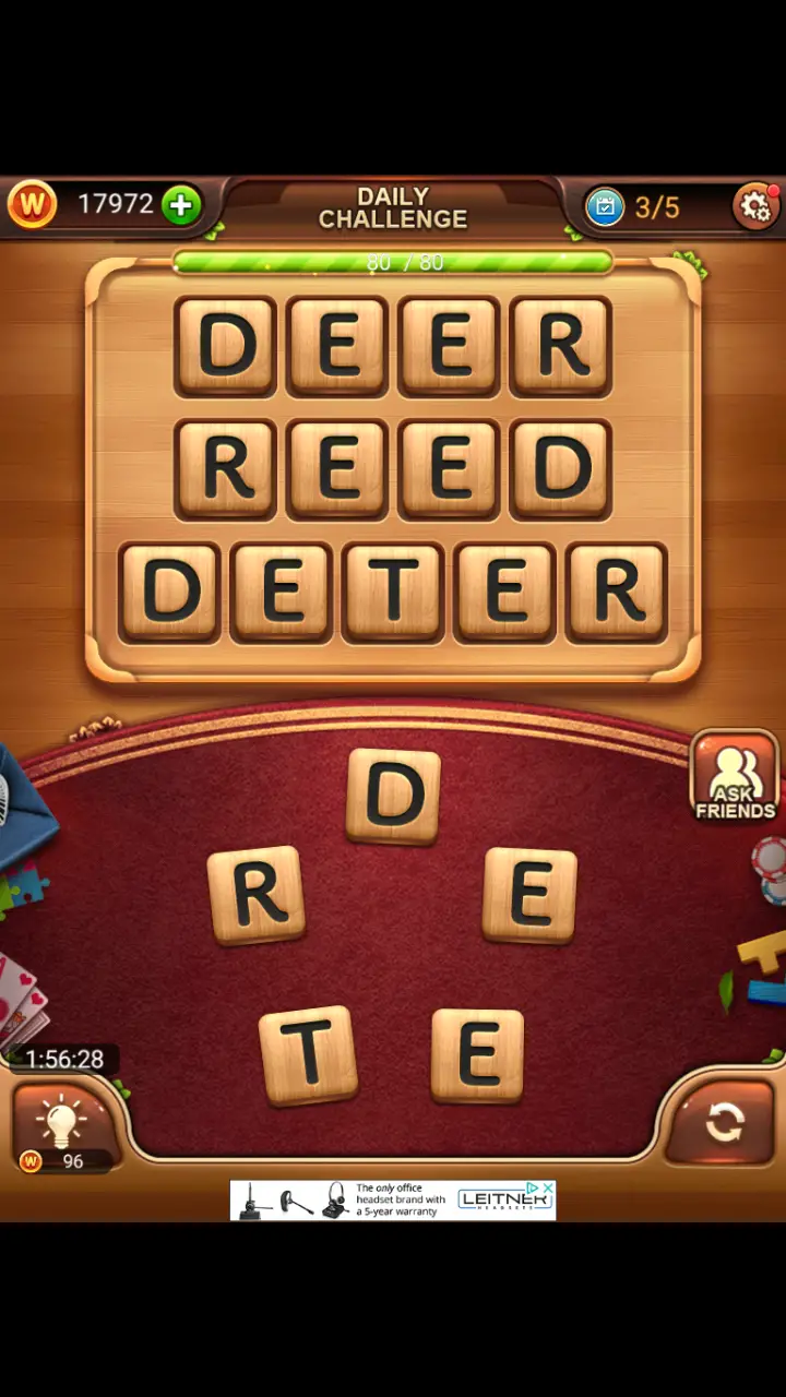 Word Connect Daily Challenge November 25 2017 DEER REED DETER