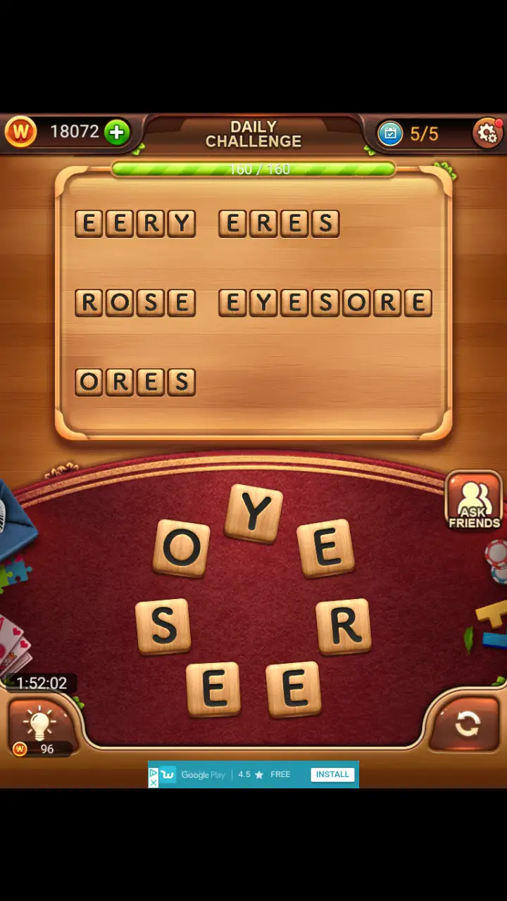 Word Connect Daily Challenge November 25 2017 EERY ERES ROSE EYESORE ORES