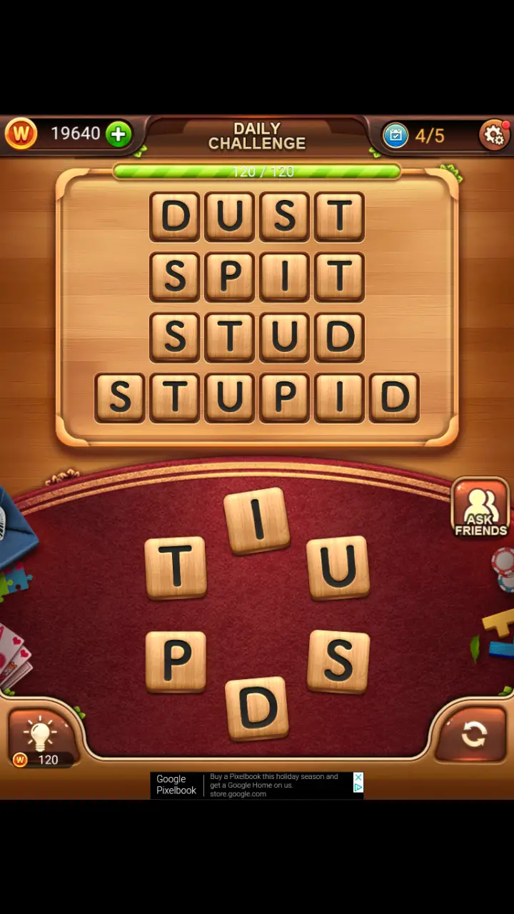 Word Connect Daily Challenge November 30 2017 4 DUST SPIT STUD STUPID