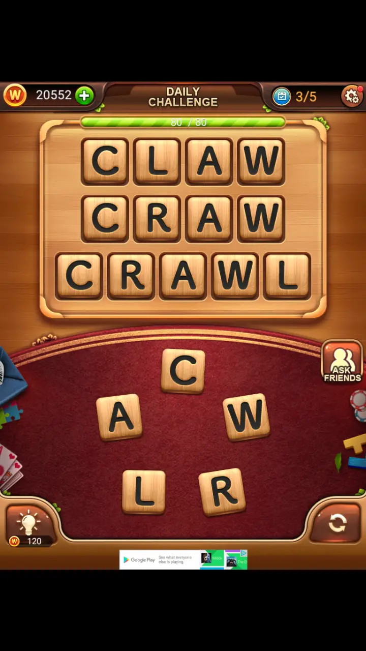 //appclarify.com/wp content/uploads/2017/12/Word Connect Daily Challenge December 3 2017 3 CLAW CRAW CRAWL