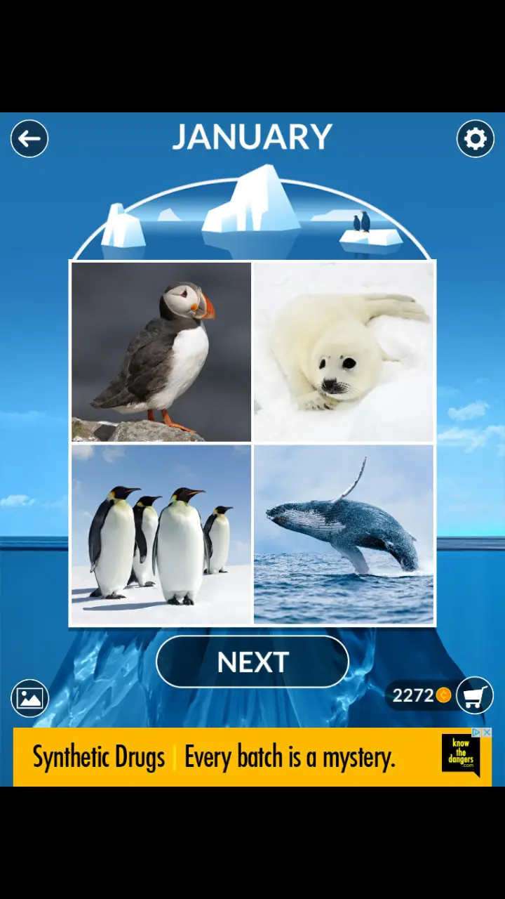 //appclarify.com/wp content/uploads/2018/01/Wordscapes Daily Challenge January 2018 4 badges PUFFIN BABY HARP SEAL EMPEROR PENGUINS HUMPBACK WHALE