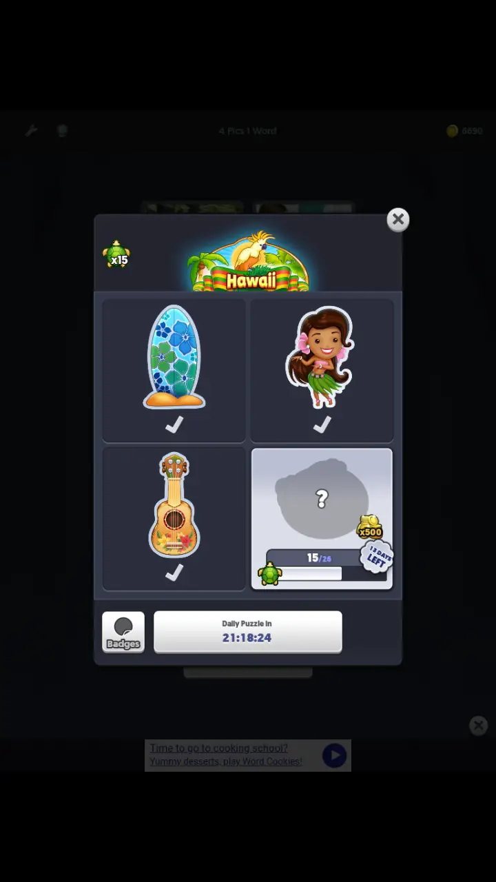 //appclarify.com/wp content/uploads/2018/04/4 Pics 1 Word Daily April 2018 Hawaii 3 badges SURFBOARD HULA UKULELE