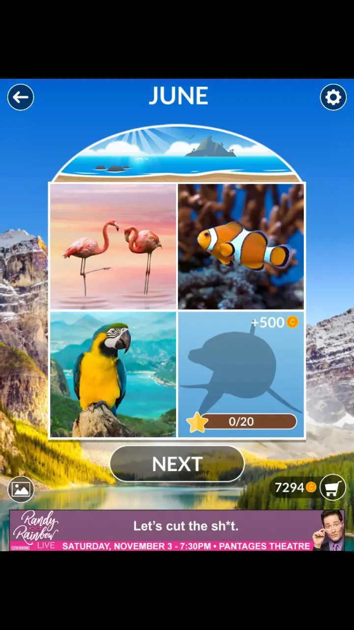 //appclarify.com/wp content/uploads/2018/06/Wordscapes Daily June 2018 3 badges FLAMINGOS CLOWNFISH MACAW