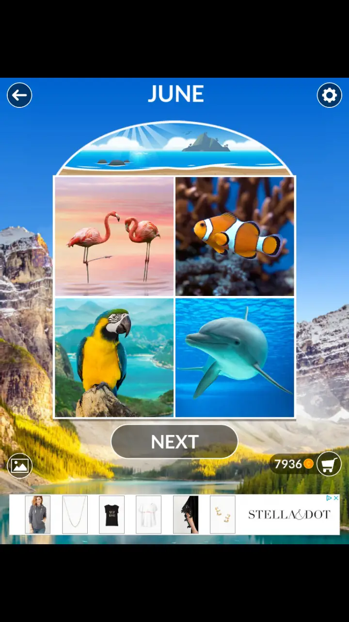 //appclarify.com/wp content/uploads/2018/06/Wordscapes Daily June 2018 4 badges FLAMINGOS CLOWNFISH MACAW DOLPHIN