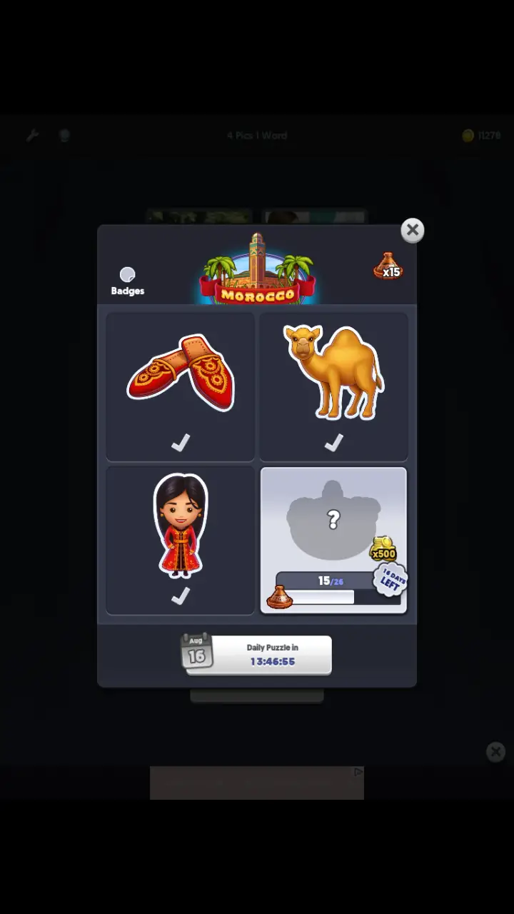 //appclarify.com/wp content/uploads/2018/08/4 Pics 1 Word Daily August 2018 Morocco 3 badges BABOUCHE CAMEL CAFTAN