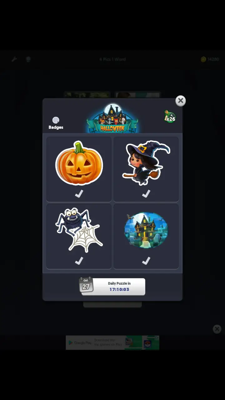 //appclarify.com/wp content/uploads/2018/10/4 Pics 1 Word Daily October 2018 Halloween 4 badges PUMPKIN WITCH SPIDER HAUNTED HOUSE