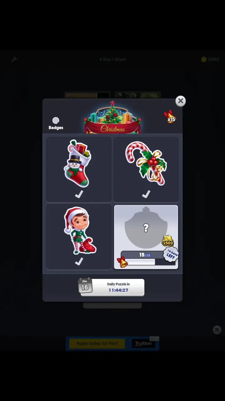 //appclarify.com/wp content/uploads/2018/12/4 Pics 1 Word Daily December 2018 Christmas 3 badges STOCKING CANDY CANE ELF