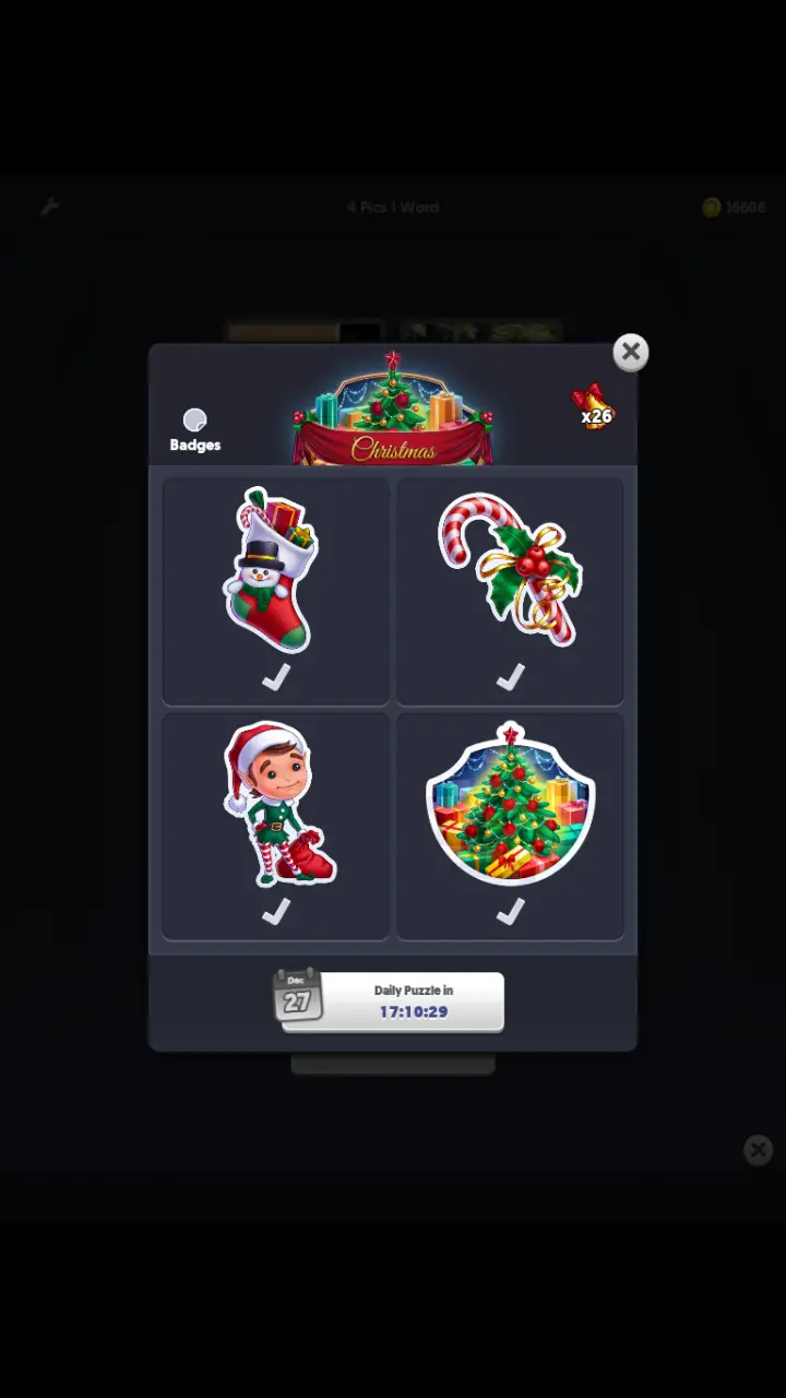 //appclarify.com/wp content/uploads/2018/12/4 Pics 1 Word Daily December 2018 Christmas 4 badges STOCKING CANDY CANE ELF CHRISTMAS TREE