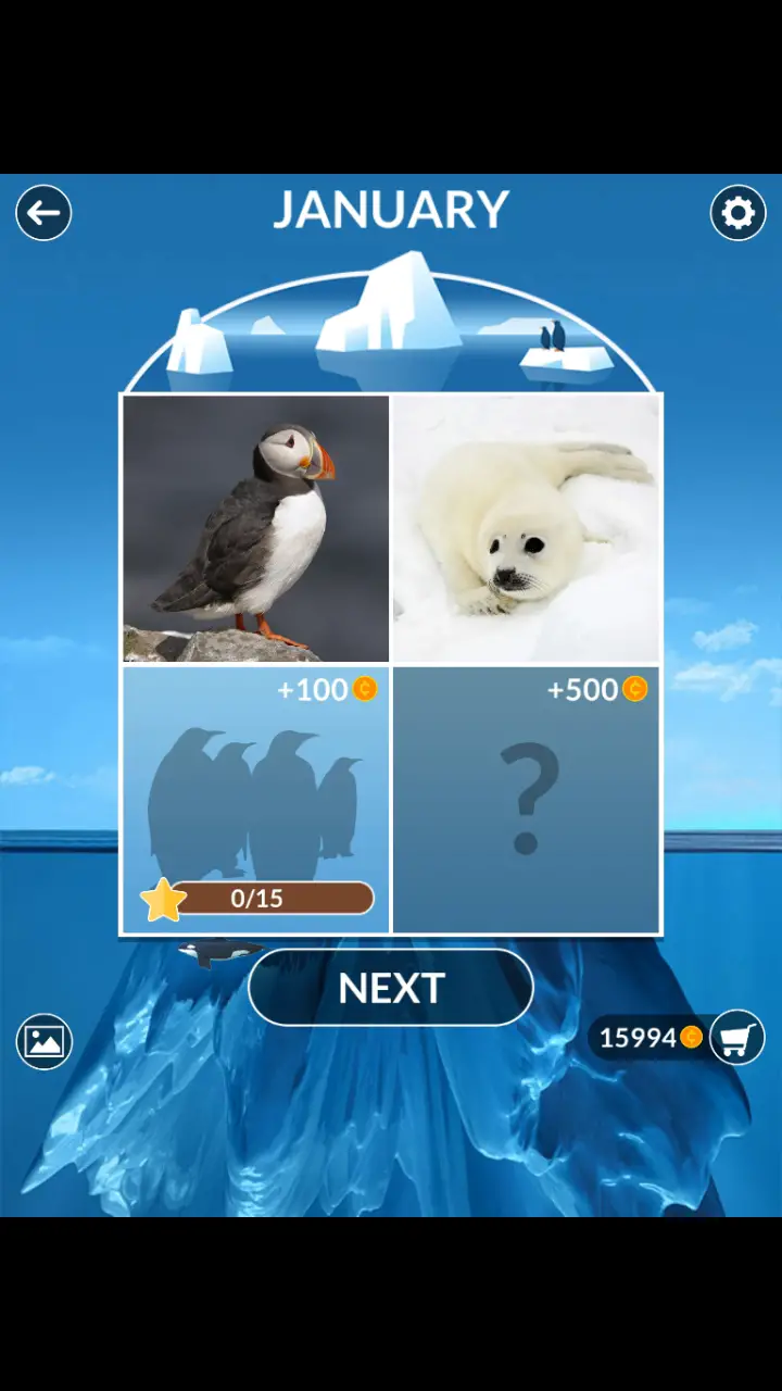 //appclarify.com/wp content/uploads/2019/01/Wordscapes Daily January 2019 2 badges PUFFIN BABY HARP SEAL