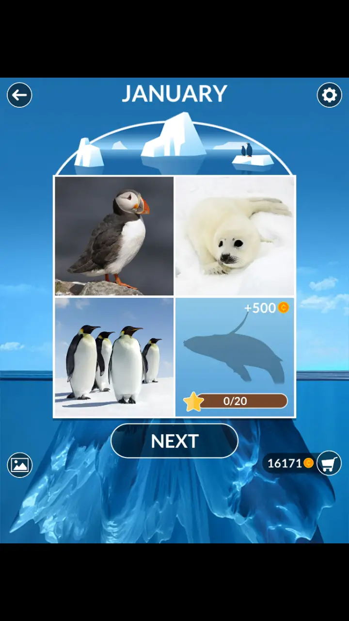 //appclarify.com/wp content/uploads/2019/01/Wordscapes Daily January 2019 3 badges PUFFIN BABY HARP SEAL EMPEROR PENGUINS