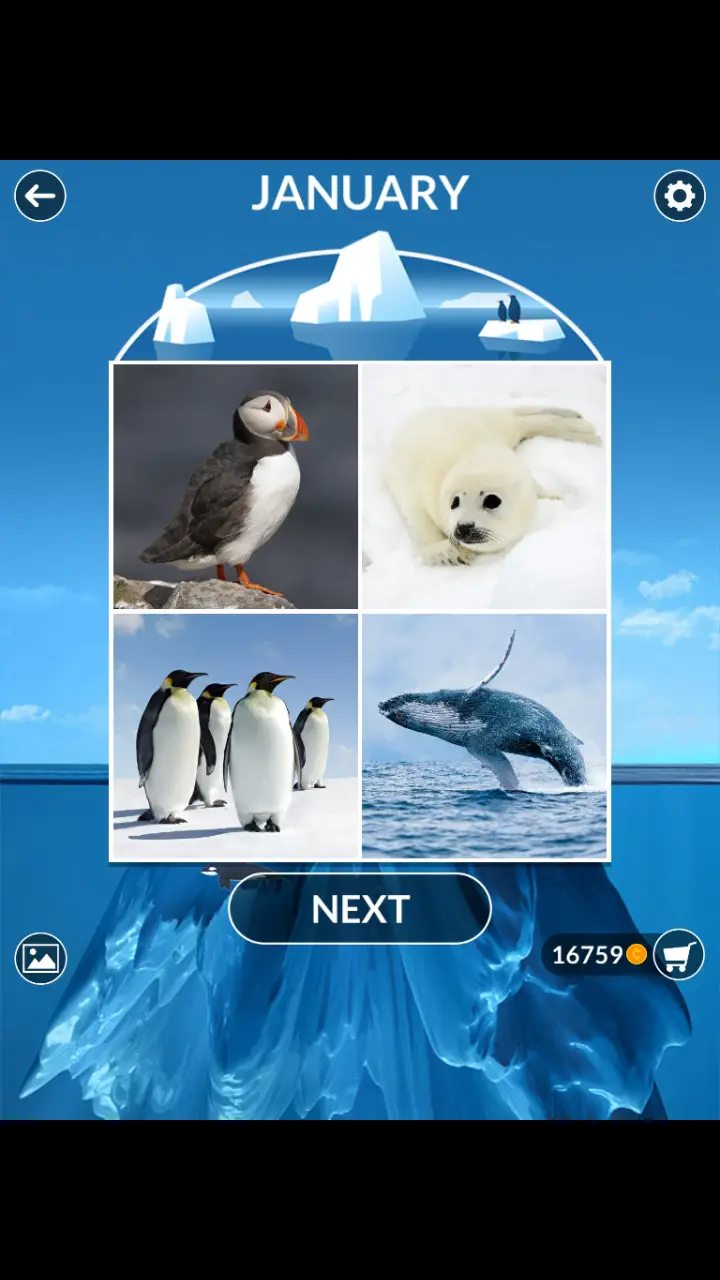 //appclarify.com/wp content/uploads/2019/01/Wordscapes Daily January 2019 4 badges PUFFIN BABY HARP SEAL EMPEROR PENGUINS HUMPBACK WHALE
